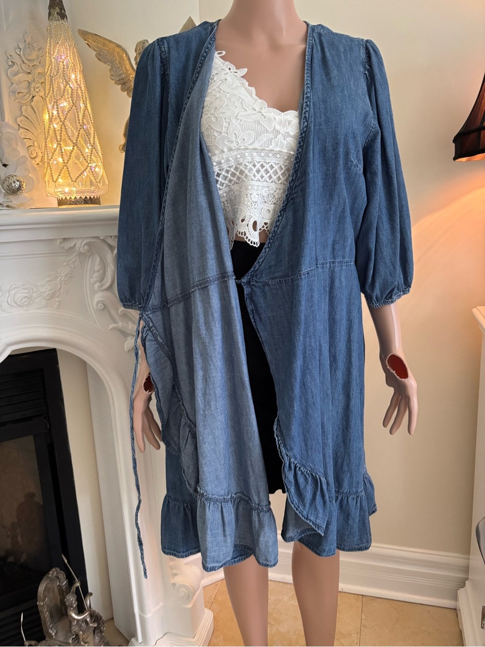 Denim Blue Wrap Ruffle Mini Dress with Puff Sleeves - Picture 7 of 14